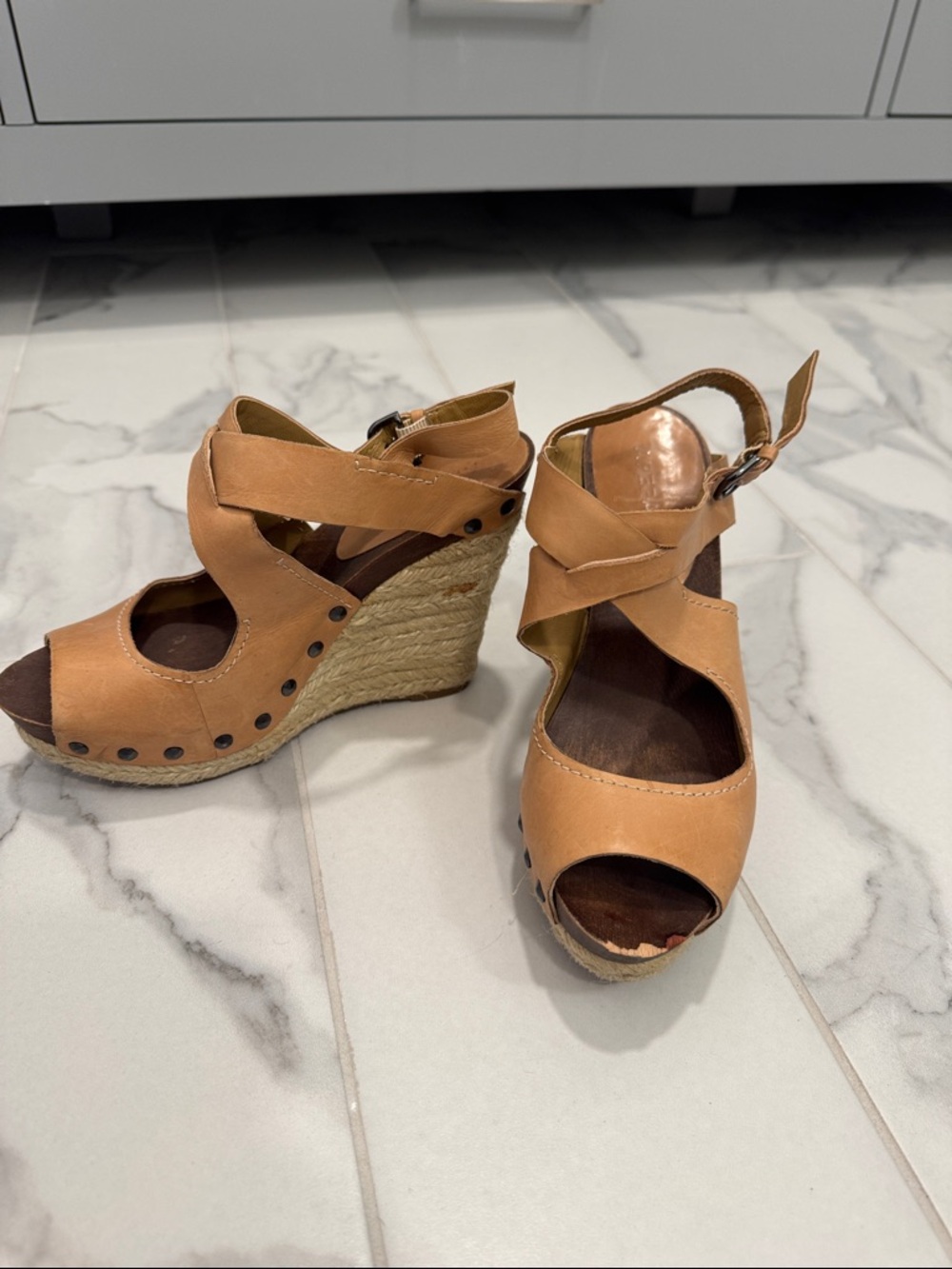 Tan Espadrille Wedge Sandals with Stud Detail